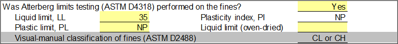 Gradation worksheet: Fines classification using Atterberg limits for non-plastic fines.
